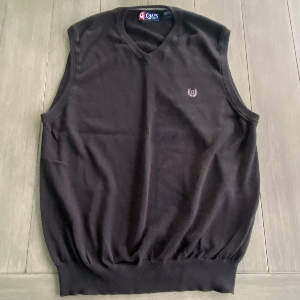 Chaps Sweater Vest • XL • Black 100% Cotton • Gray Chest Logo • V‑Neck Knit